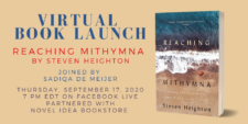 Virtual launch poster with Reaching Mithymna book cover
