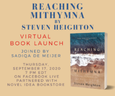 Virtual book launch poster with Reaching Mithymna book cover