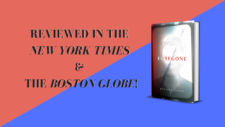 The novel Foregone by Russell Banks on the right with the text 'Reviewed in the New York Times & The Boston Globe!' on the left with a pink and blue background.