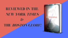 The novel Foregone by Russell Banks on the right with the text 'Reviewed in the New York Times & The Boston Globe!' on the left with a pink and blue background.